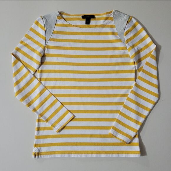J.Crew Women's Crewneck Yellow Stripe Suede Shoulder Long Sleeve Pullover Top - Picture 3 of 16